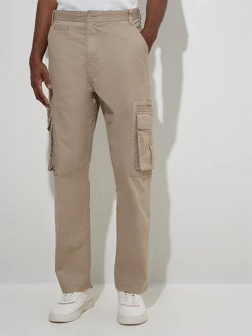Beige Relaxed-Fit Mid-Rise Cotton-Blend Pants