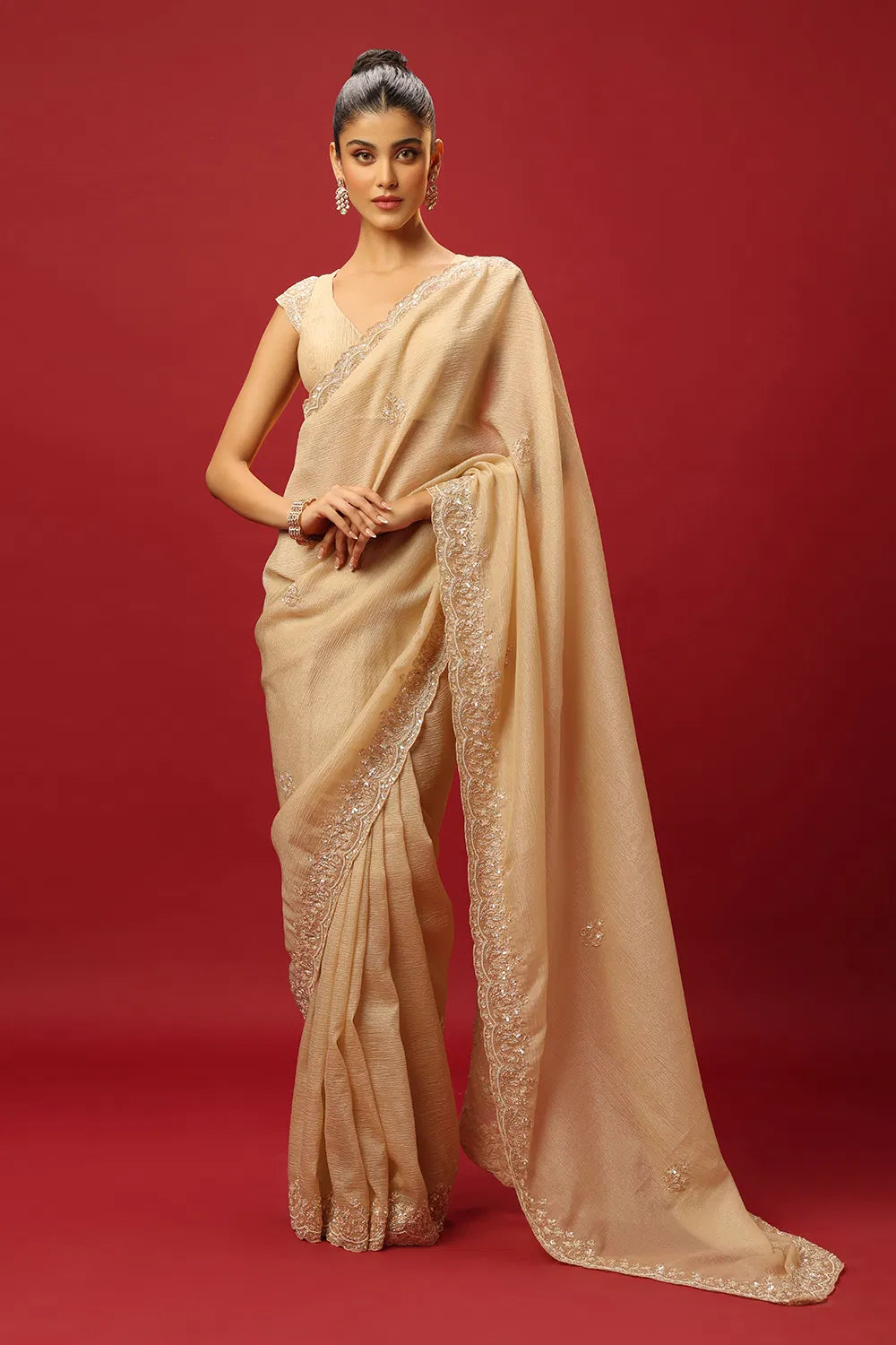 BEIGE GOLD WRINKLE TISSUE CLASSIC SAREE SET WITH A HAND EMBROIDERED FLORAL BORDER PAIRED WITH A MATCHING BLOUSE