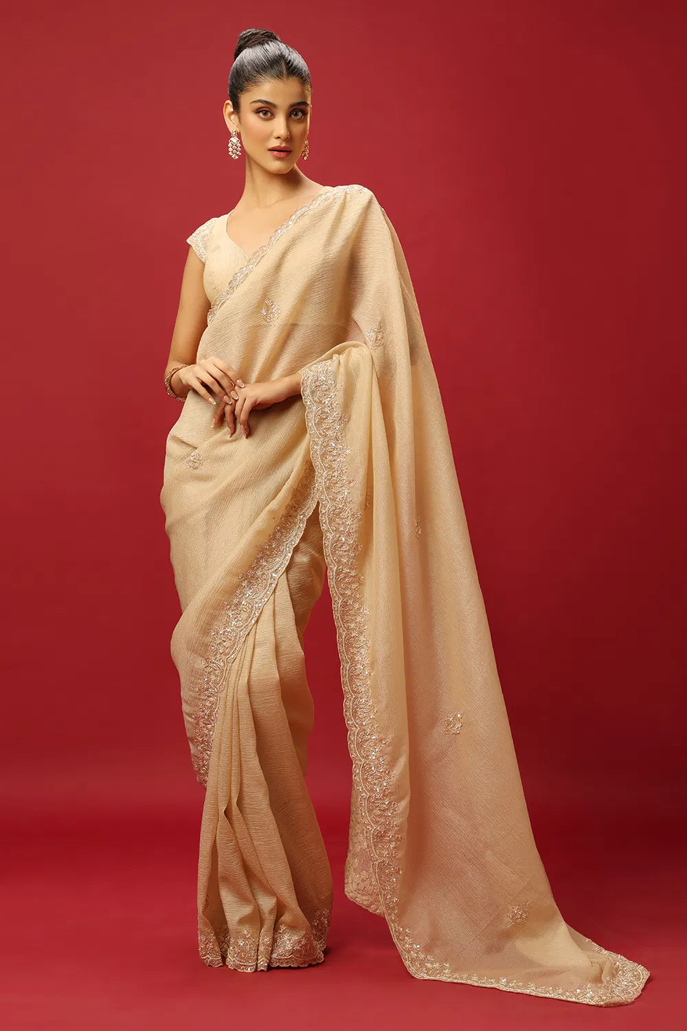 BEIGE GOLD WRINKLE TISSUE CLASSIC SAREE SET WITH A HAND EMBROIDERED FLORAL BORDER PAIRED WITH A MATCHING BLOUSE