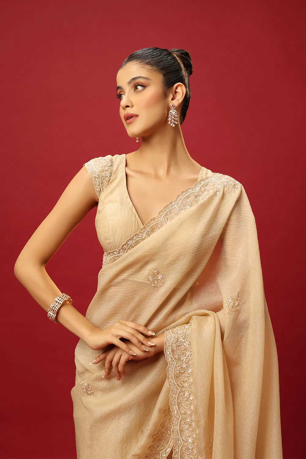 BEIGE GOLD WRINKLE TISSUE CLASSIC SAREE SET WITH A HAND EMBROIDERED FLORAL BORDER PAIRED WITH A MATCHING BLOUSE